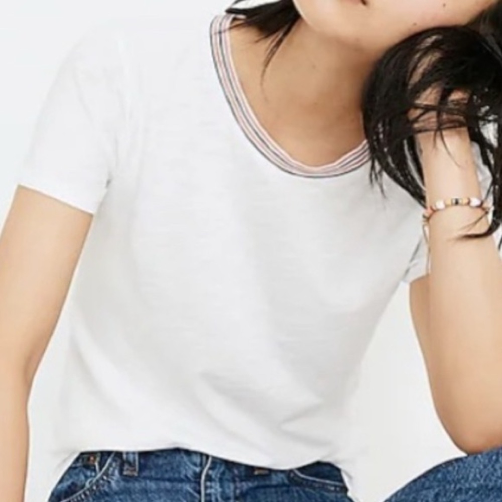 Madewell White/Cream Short Sleeve Tee With Fun Pink/Purple/Blue Collar